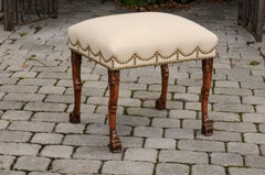 English Carved Oak Stool with Upholstered Seat and Lion Paw Feet, circa 1880