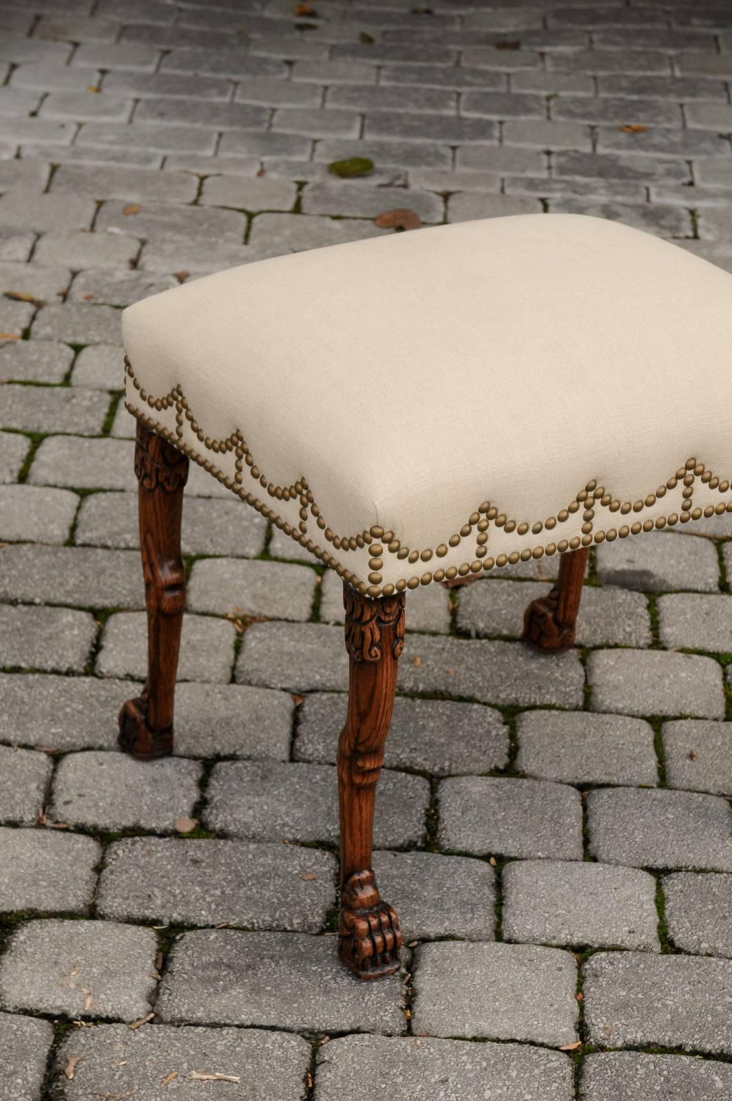 19th Century English Carved Oak Stool with Upholstered Seat and Lion Paw Feet, circa 1880