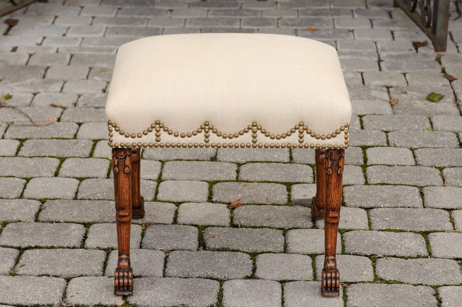 English Carved Oak Stool with Upholstered Seat and Lion Paw Feet, circa 1880 1