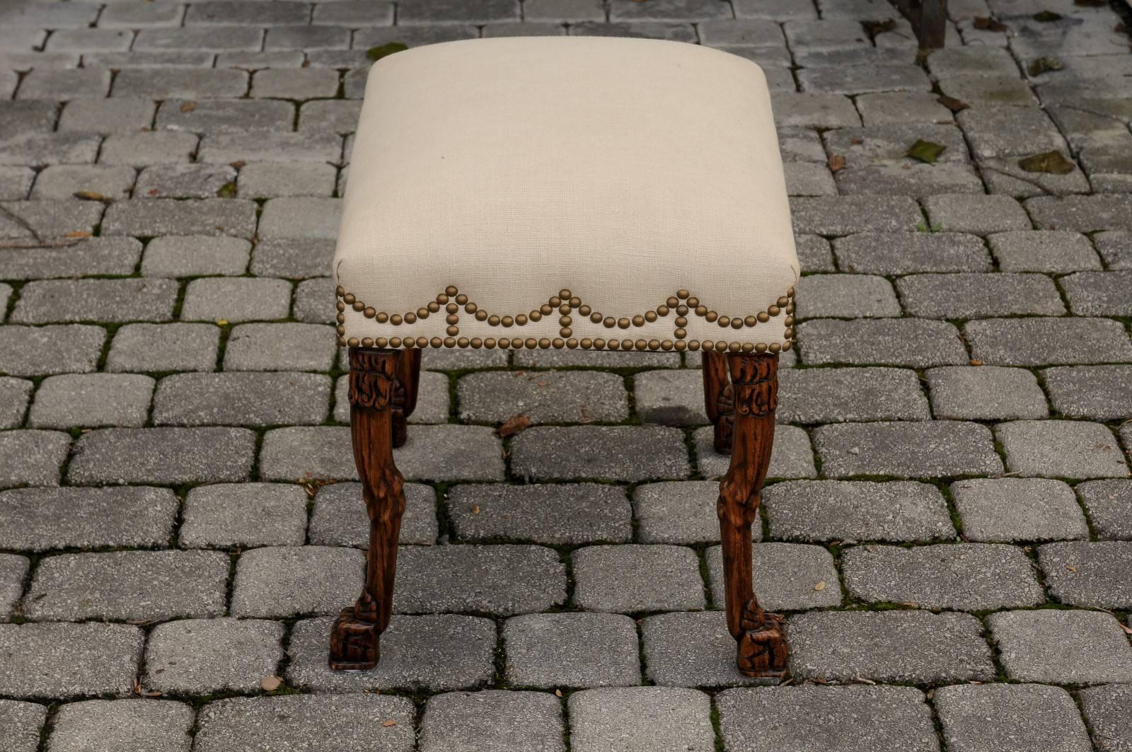 English Carved Oak Stool with Upholstered Seat and Lion Paw Feet, circa 1880 2