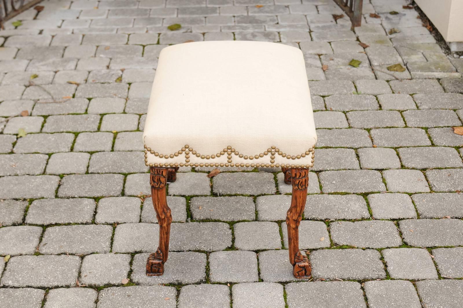 English Carved Oak Stool with Upholstered Seat and Lion Paw Feet, circa 1880 4
