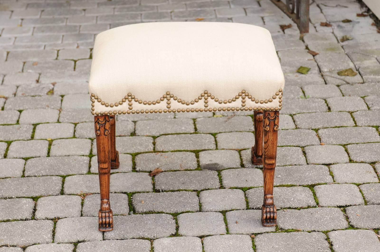 English Carved Oak Stool with Upholstered Seat and Lion Paw Feet, circa 1880 5