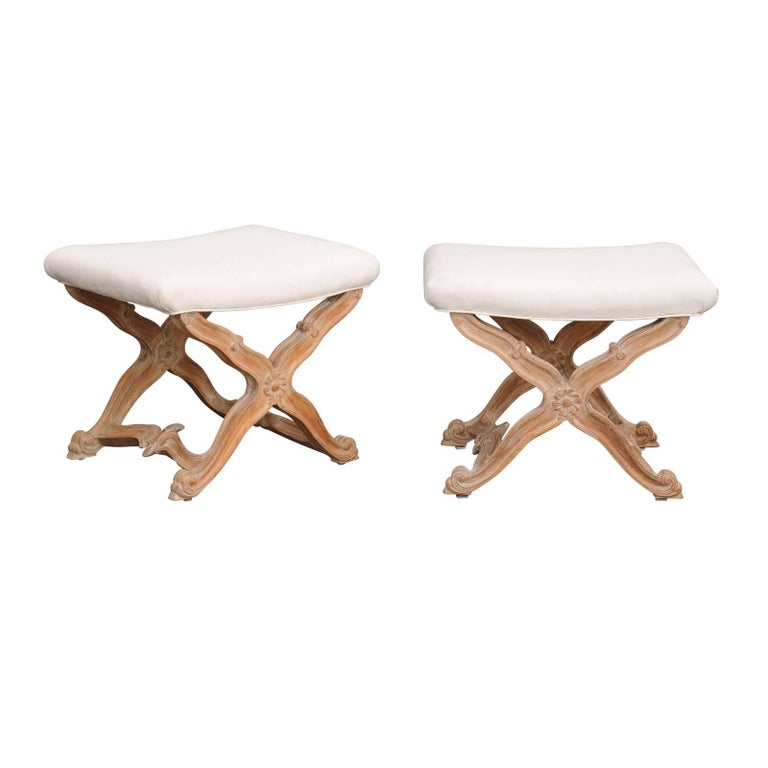 Vintage Italian Pair Of X Frame Rococo Style Bleached Wood Stools For Sale At 1stdibs