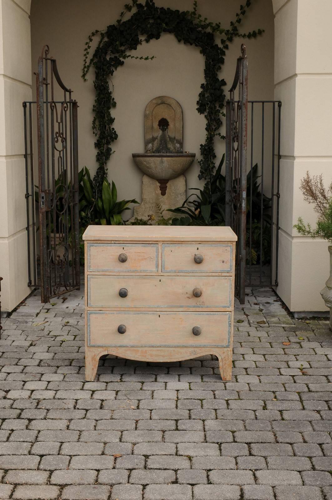 Painted English 1840s Four-Drawer Chest with Original Paint and Valanced Skirt