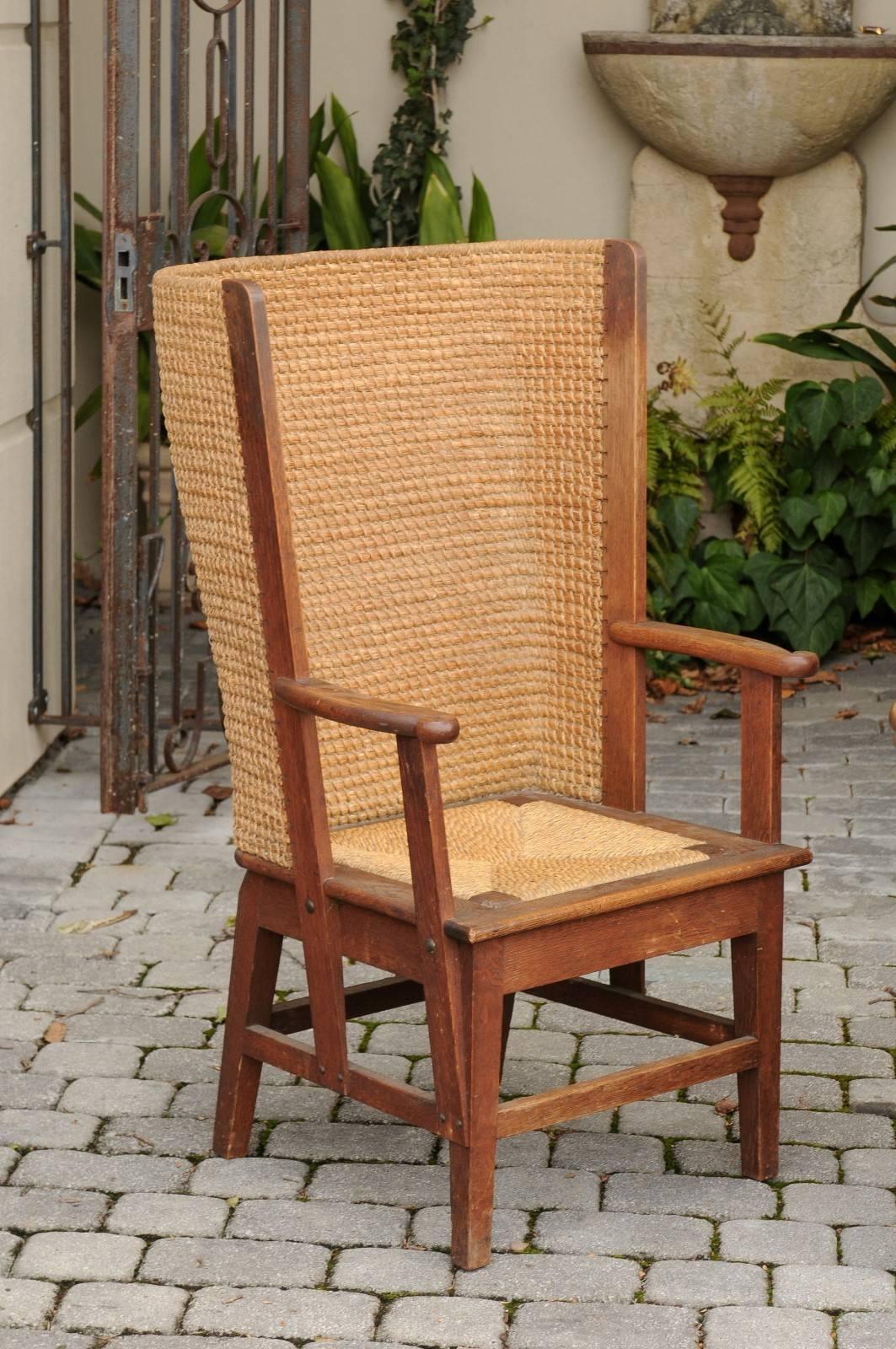 Pair of Scottish Mid-19th Century Oak Orkney Chairs with Handwoven Straw Backs In Excellent Condition In Atlanta, GA