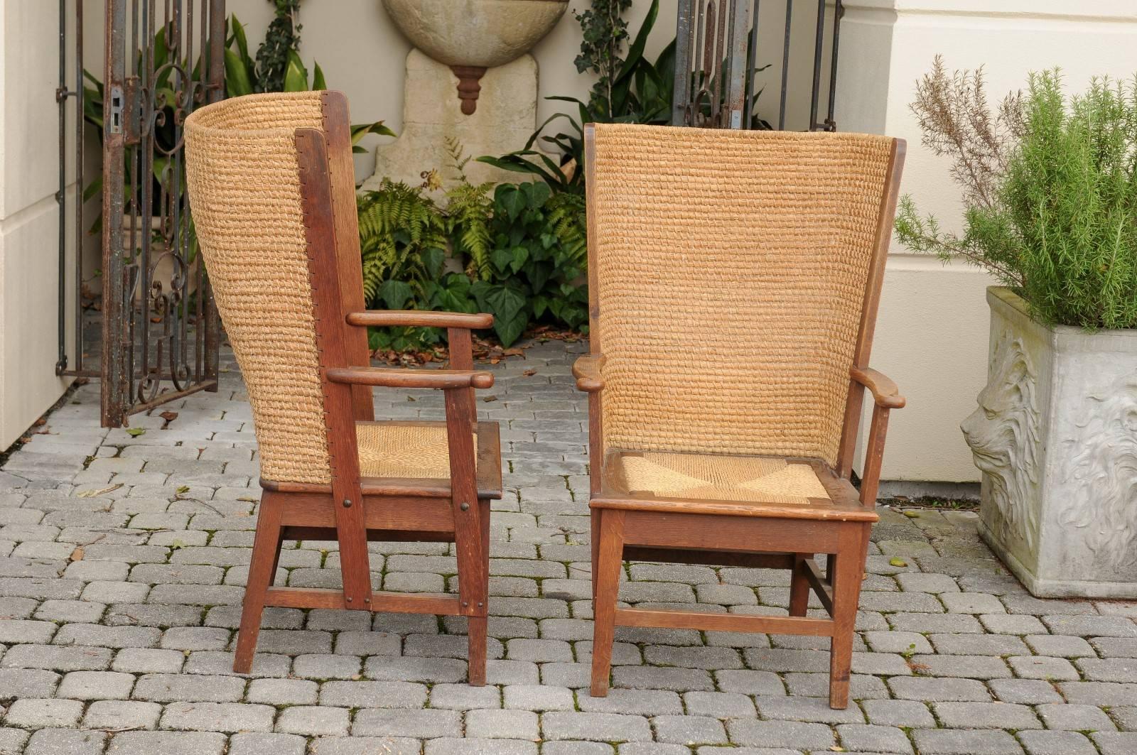 20th Century Pair of Scottish Mid-19th Century Oak Orkney Chairs with Handwoven Straw Backs