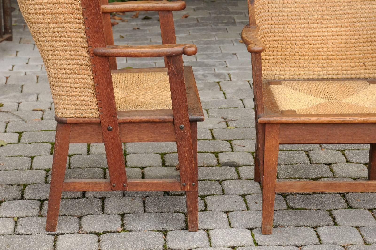 Pair of Scottish Mid-19th Century Oak Orkney Chairs with Handwoven Straw Backs 1