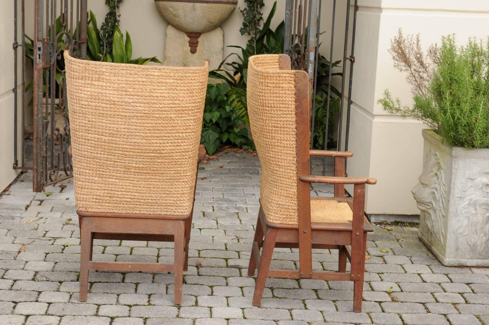 Pair of Scottish Mid-19th Century Oak Orkney Chairs with Handwoven Straw Backs 3