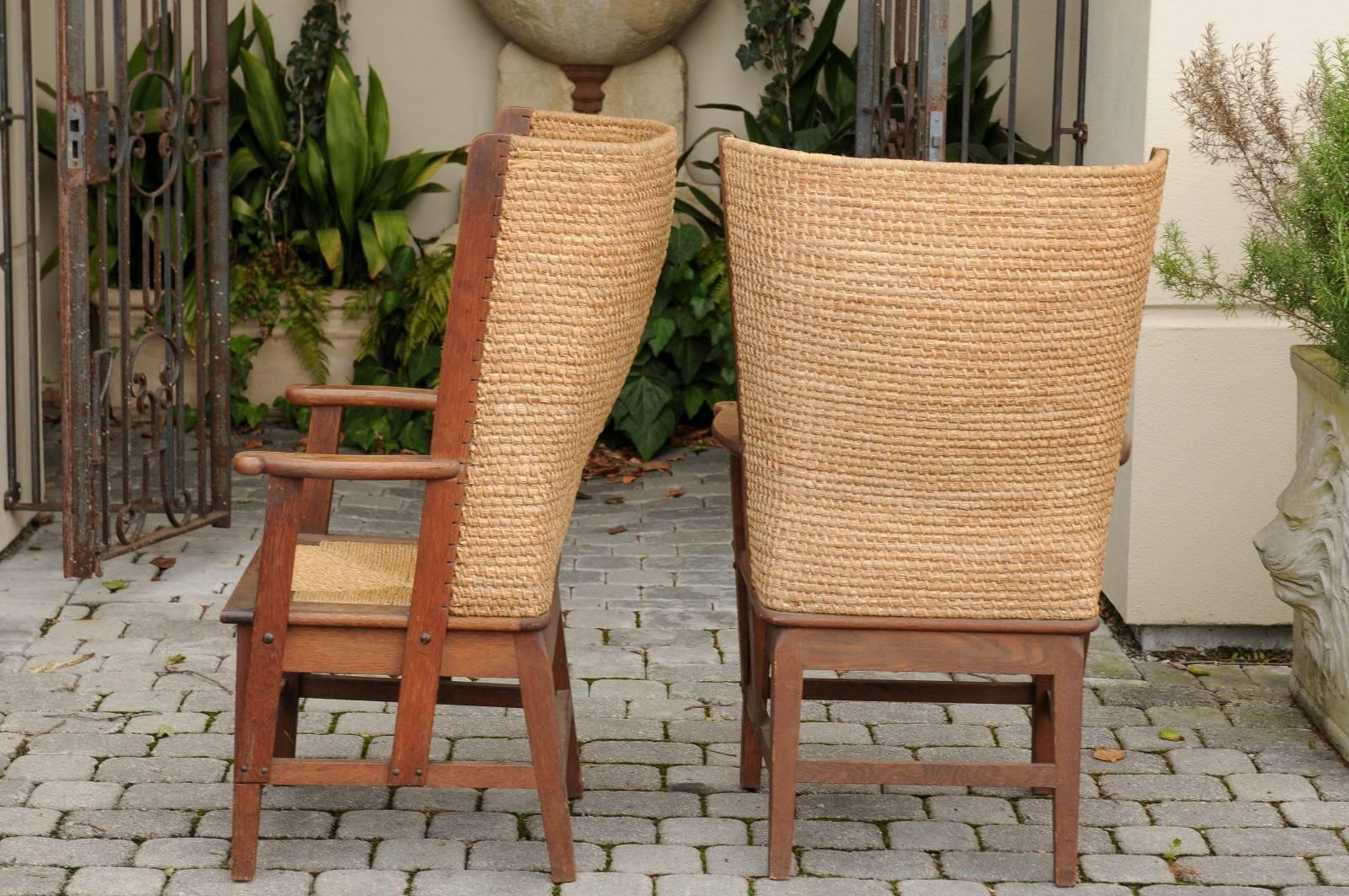 Pair of Scottish Mid-19th Century Oak Orkney Chairs with Handwoven Straw Backs 4