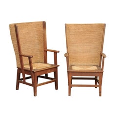 Antique Pair of Scottish Mid-19th Century Oak Orkney Chairs with Handwoven Straw Backs