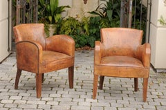 Pair of English Turn of the Century Leather Club Chairs with Nailhead Surround