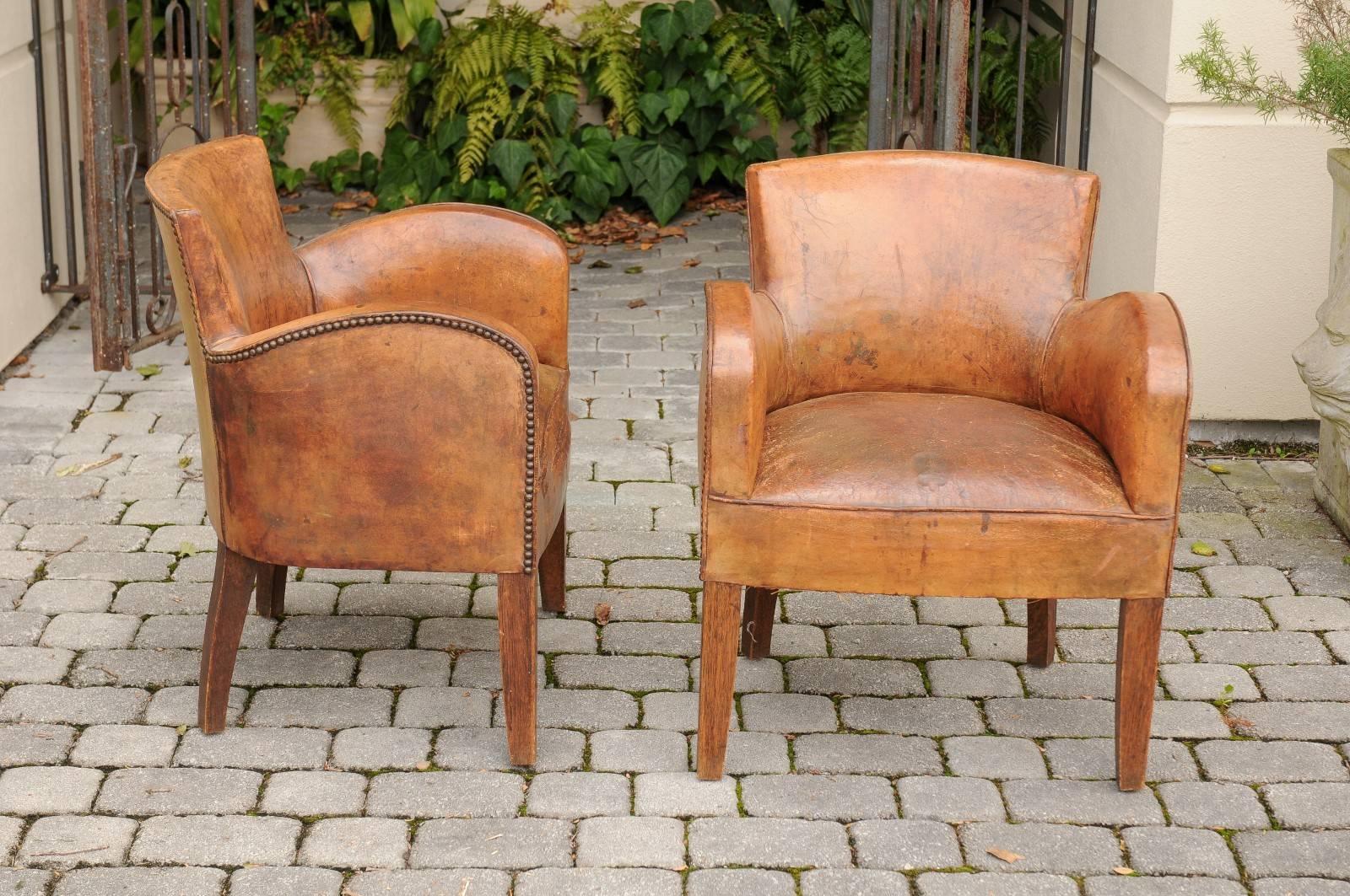 Pair of English Turn of the Century Leather Club Chairs with Nailhead Surround 2