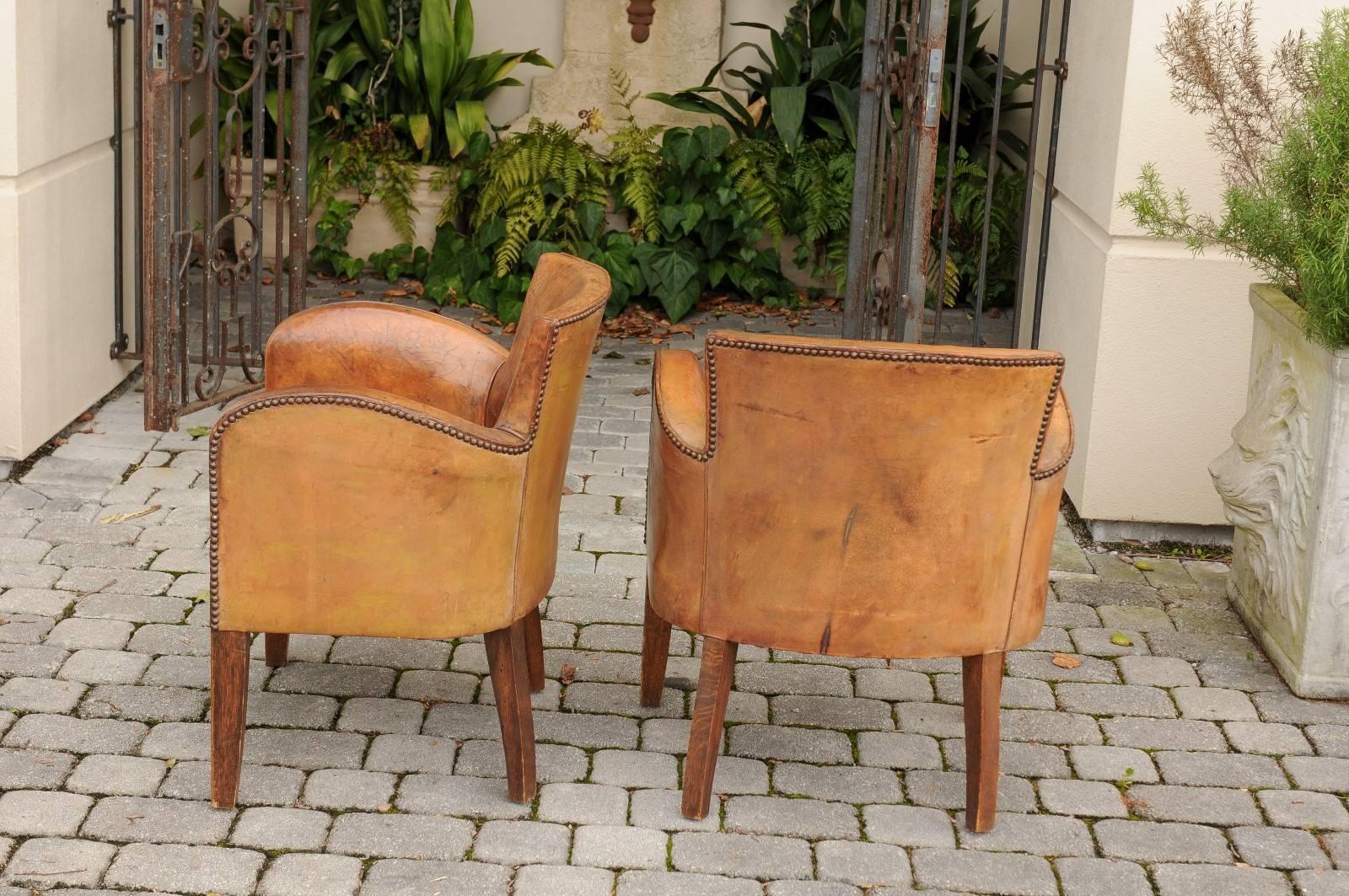 Pair of English Turn of the Century Leather Club Chairs with Nailhead Surround 4