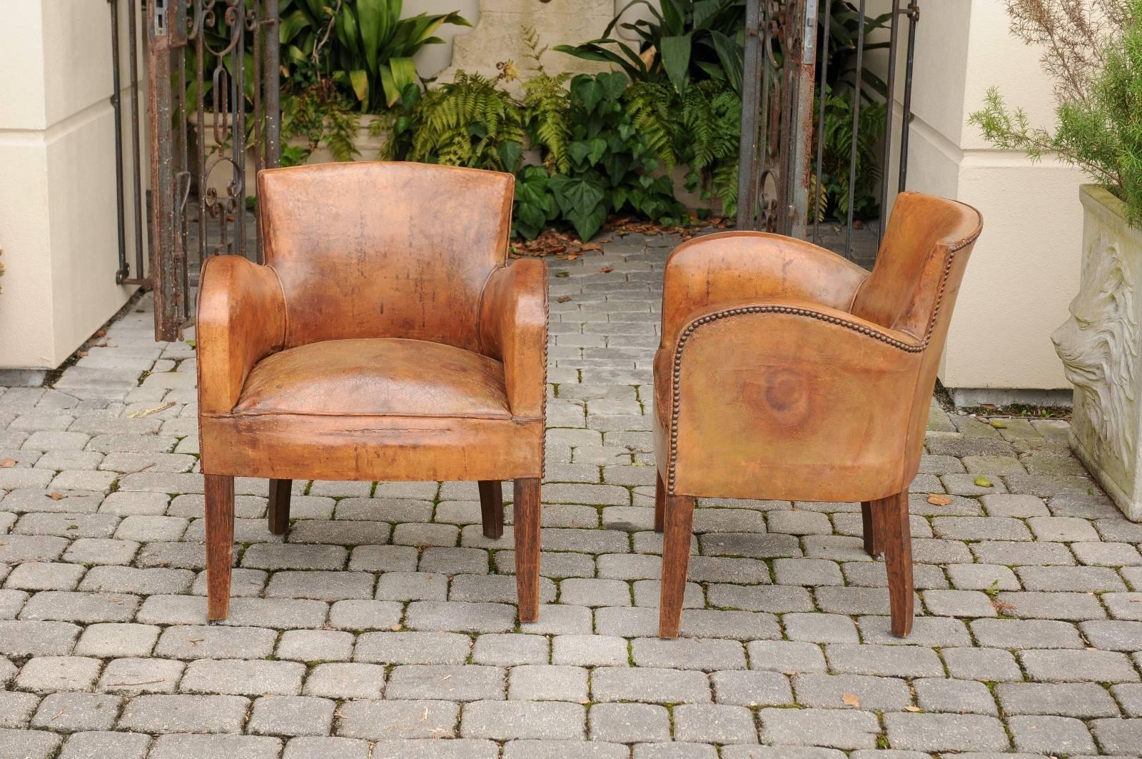 Pair of English Turn of the Century Leather Club Chairs with Nailhead Surround 5