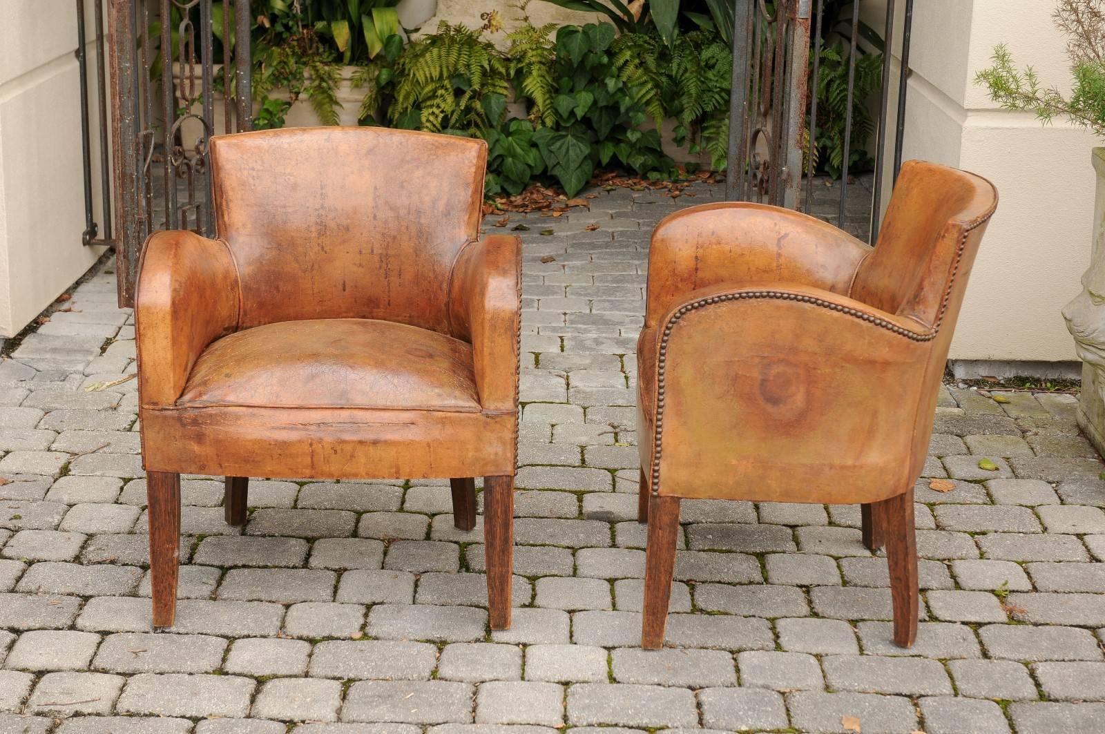Pair of English Turn of the Century Leather Club Chairs with Nailhead Surround 6