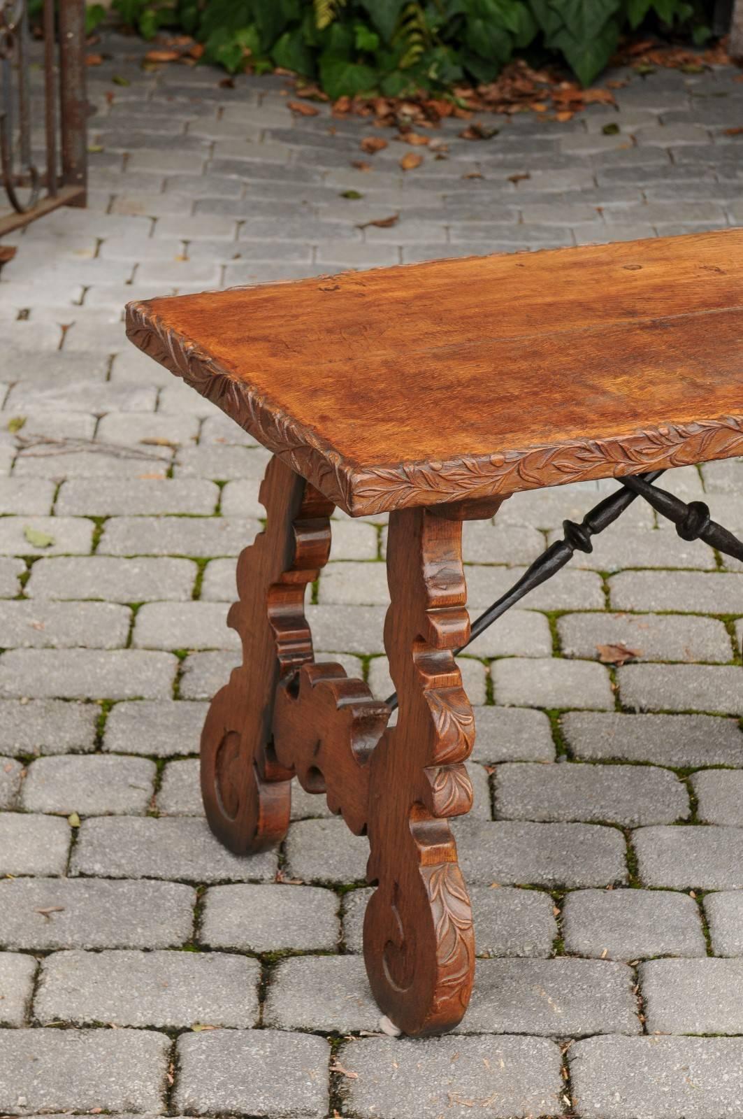 French 1920s Carved Oak Low Side Table with Iron Stretcher and Lyre-Shaped Legs In Good Condition In Atlanta, GA