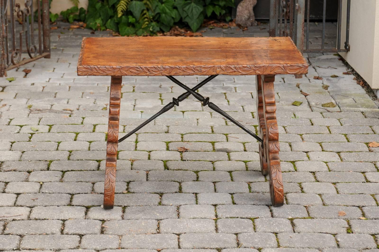 French 1920s Carved Oak Low Side Table with Iron Stretcher and Lyre-Shaped Legs 1