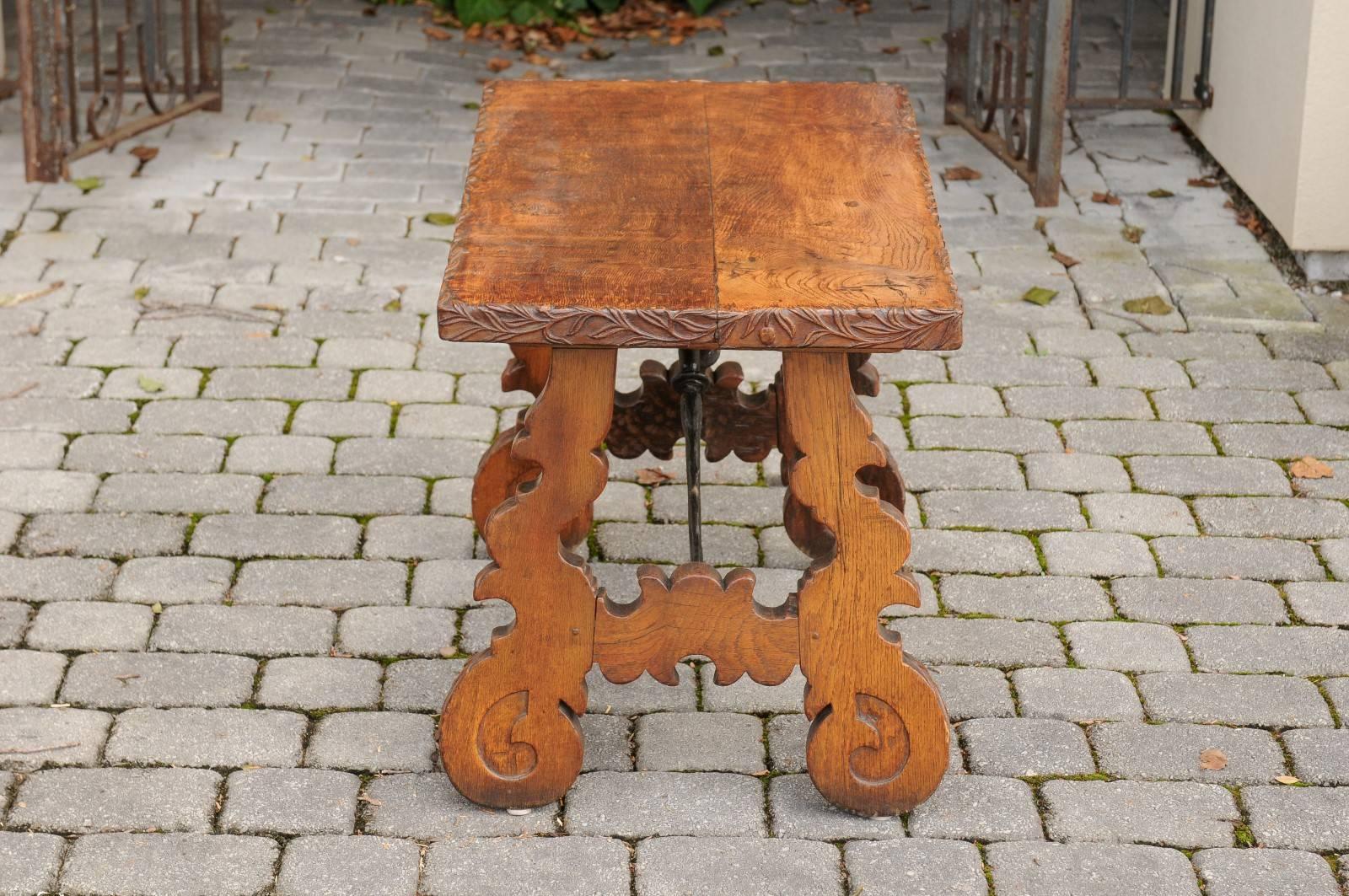 French 1920s Carved Oak Low Side Table with Iron Stretcher and Lyre-Shaped Legs 2