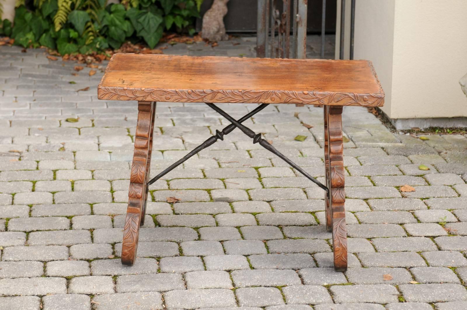 French 1920s Carved Oak Low Side Table with Iron Stretcher and Lyre-Shaped Legs 4