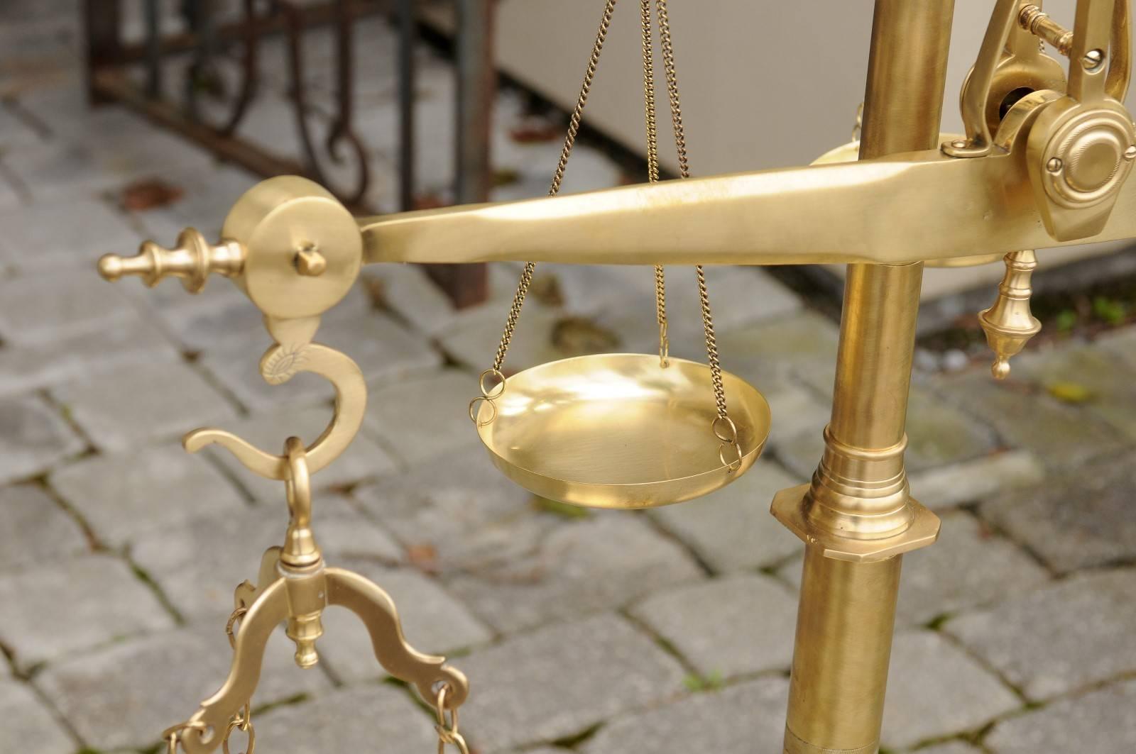Dutch Large Size Brass Two-Tiered Balance Scale with Weights, circa 1880 In Good Condition In Atlanta, GA