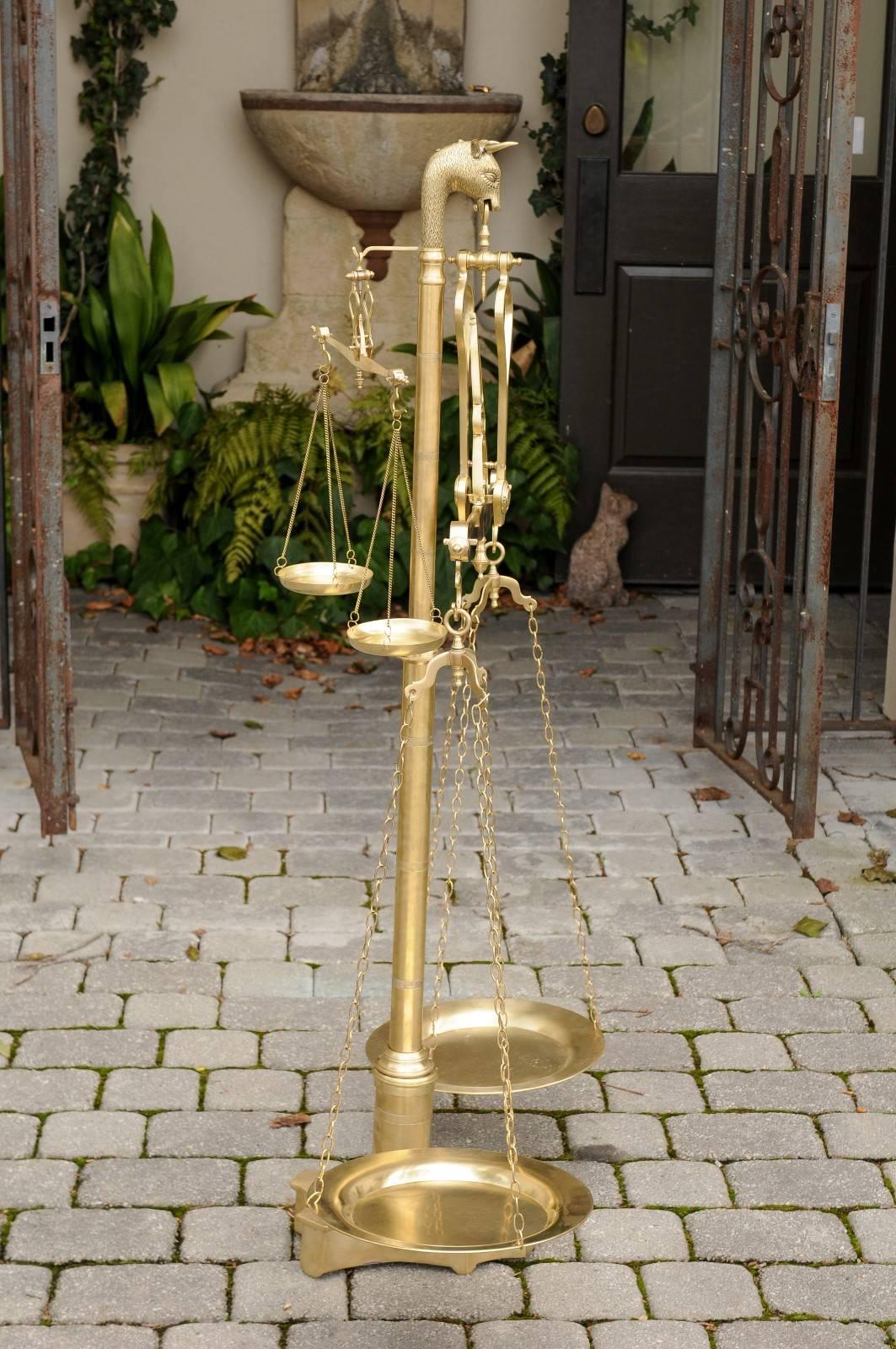 19th Century Dutch Large Size Brass Two-Tiered Balance Scale with Weights, circa 1880