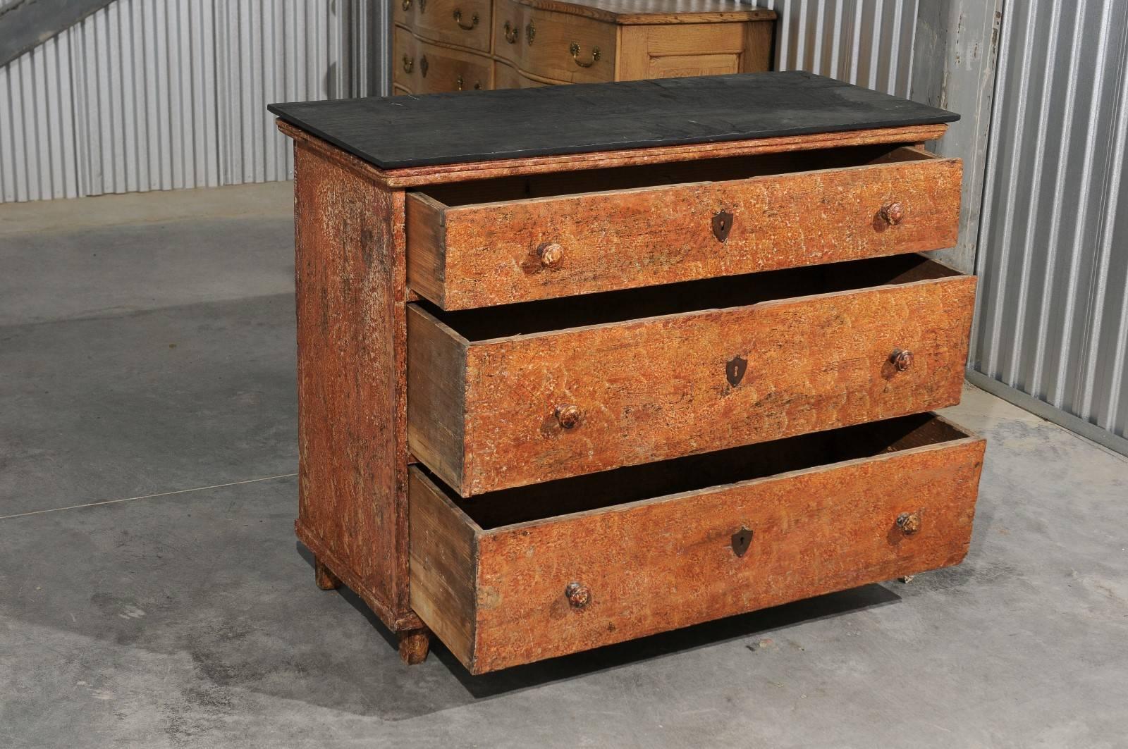 Painted French 1820s Three-Drawer Commode with Distressed Paint and Slate Top