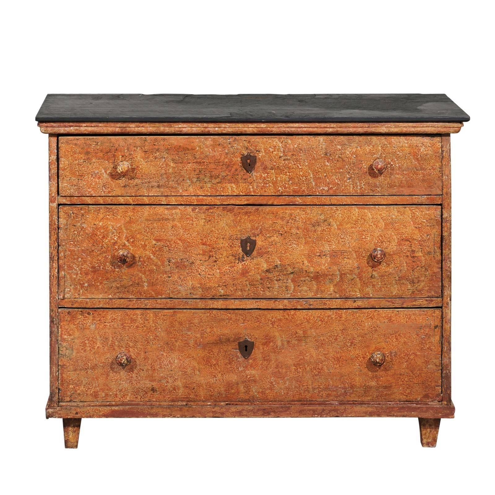 French 1820s Three-Drawer Commode with Distressed Paint and Slate Top