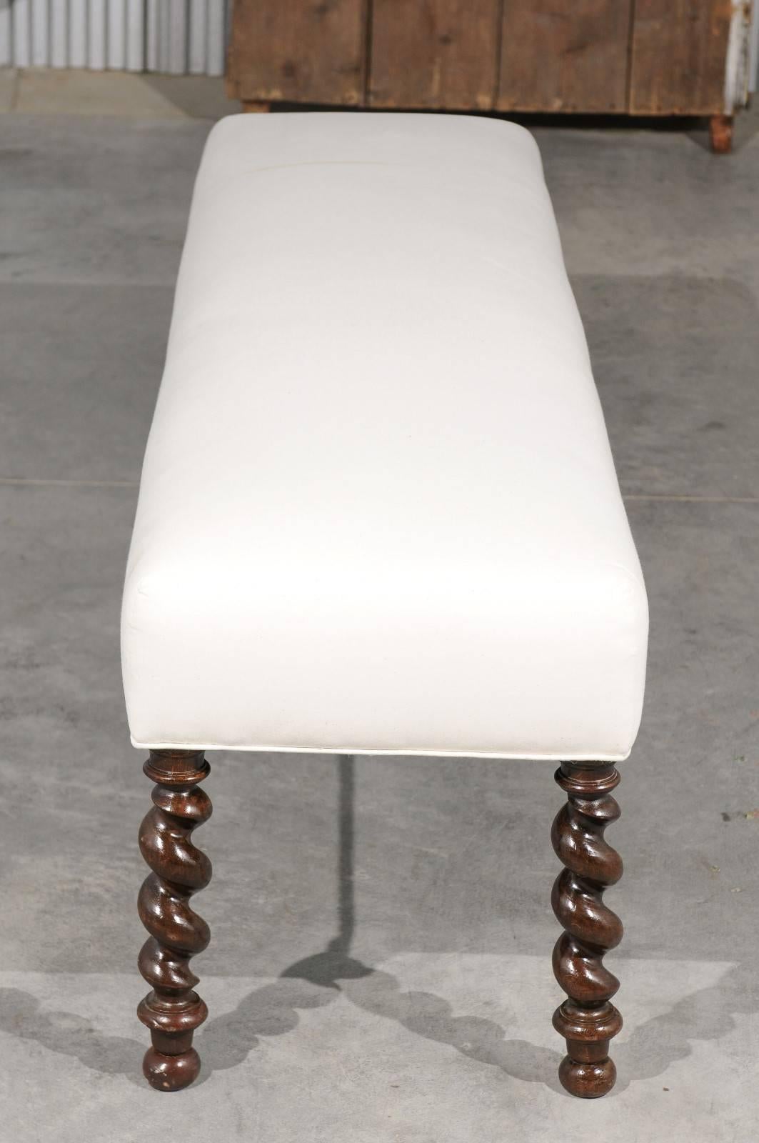 French Barley Twist Louis XIII Style Walnut Bench with Upholstered Seat, 1900s In Good Condition In Atlanta, GA