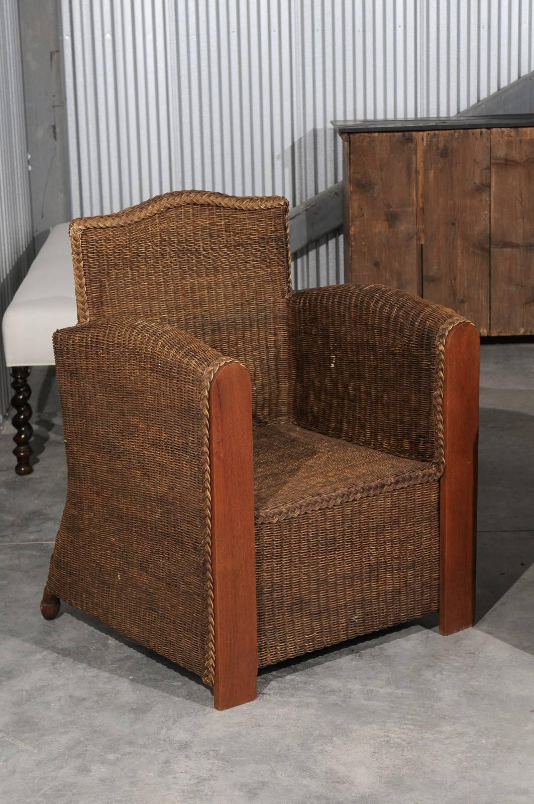 Mid-Century Modern Pair of French Vintage Wicker Club Chairs with Camel Back and Tall Arms For Sale