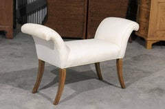 English Midcentury Petite Upholstered Bench with Saber Legs and Scrolled Arms