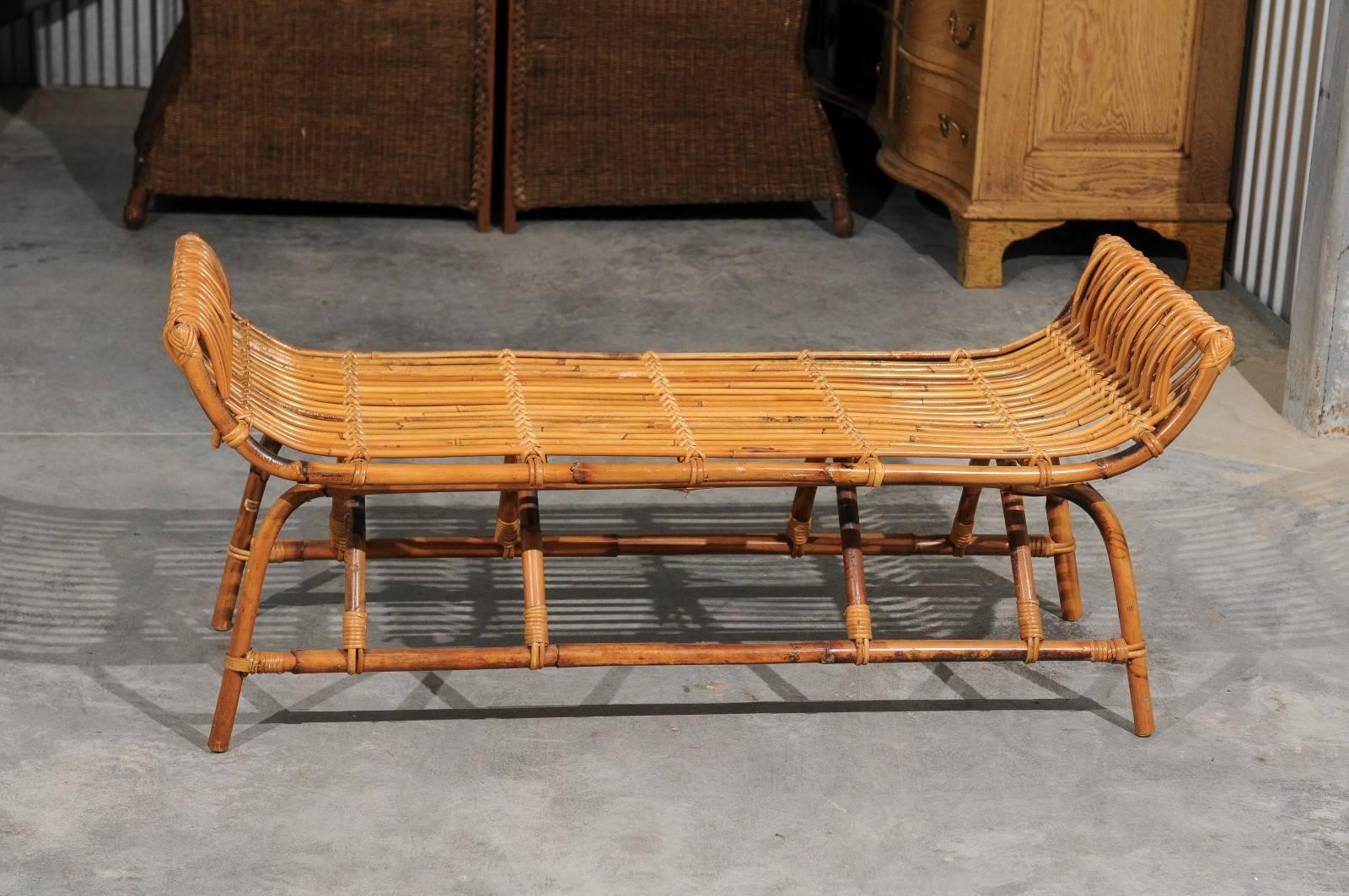 Mid-Century Modern French Midcentury Rattan 1950s Bench with Linen Custom-Made Cushion