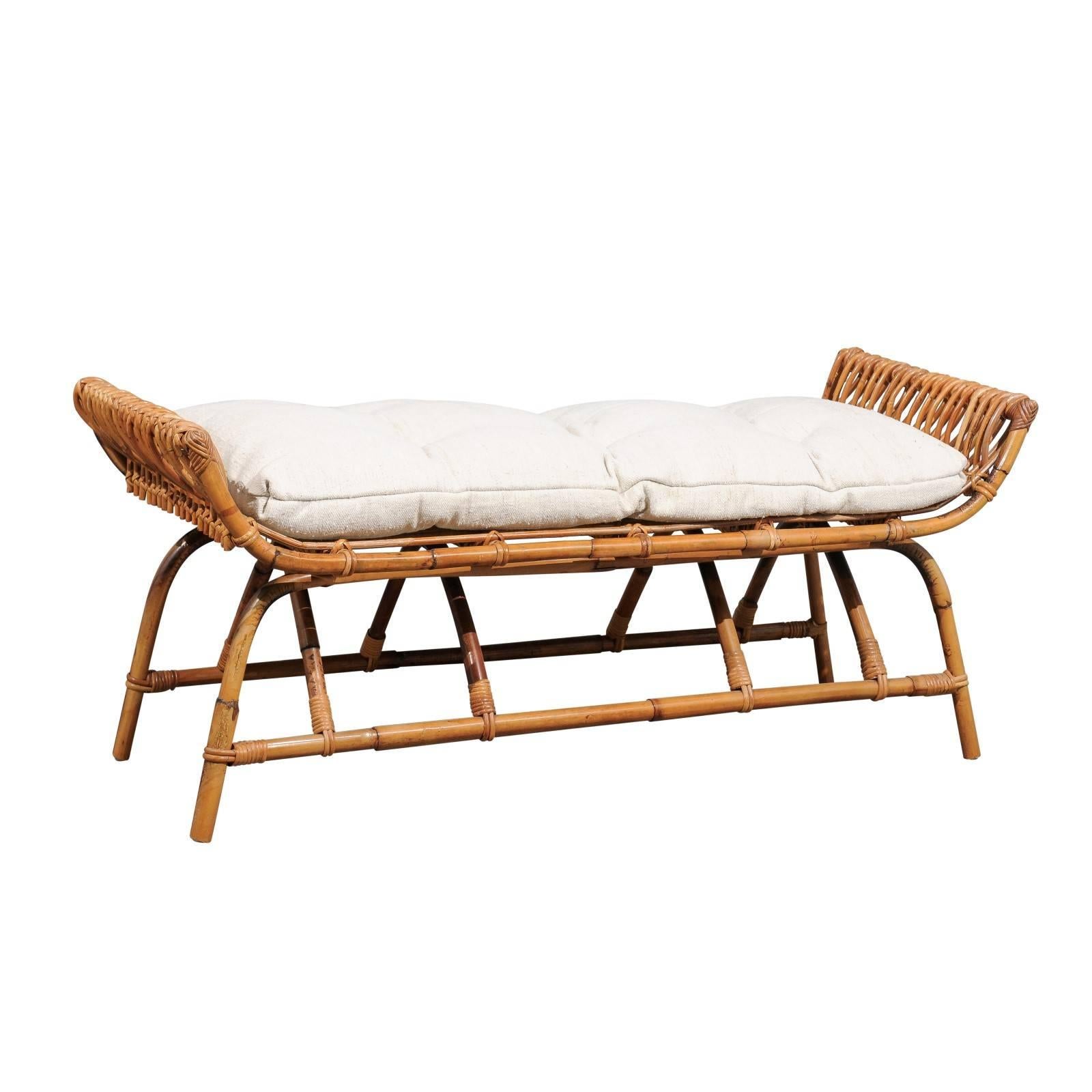 French Midcentury Rattan 1950s Bench with Linen Custom-Made Cushion