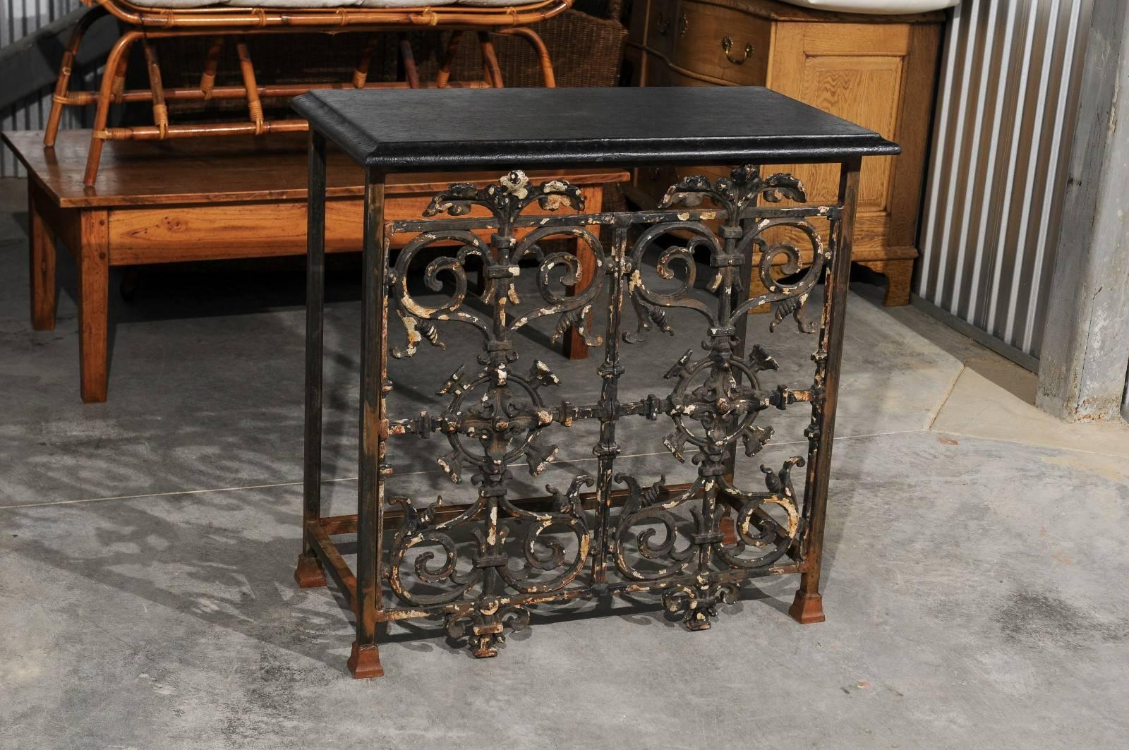 French Wrought Iron Console Table with Black Stone Top from the Mid-20th Century In Excellent Condition In Atlanta, GA