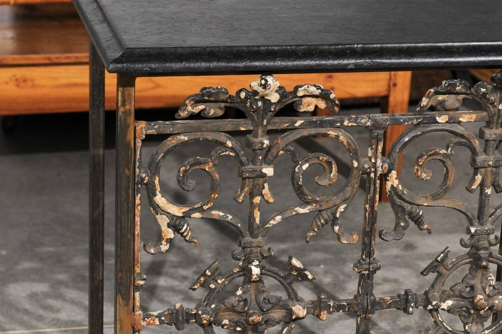 French Wrought Iron Console Table with Black Stone Top from the Mid-20th Century 1