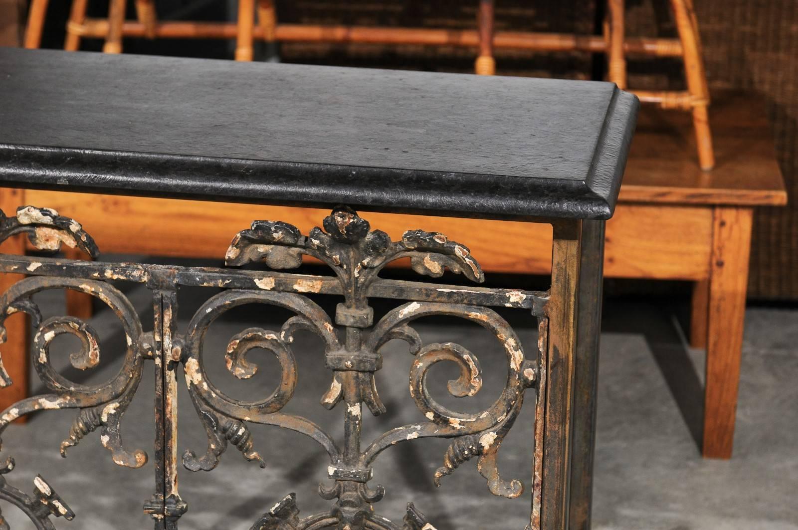 French Wrought Iron Console Table with Black Stone Top from the Mid-20th Century 4