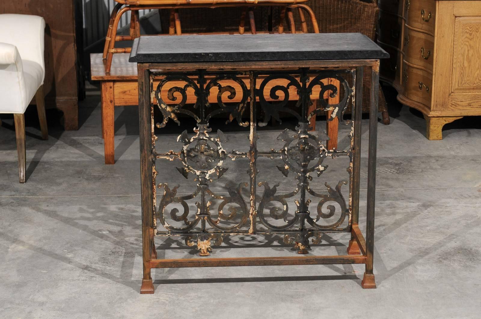 French Wrought Iron Console Table with Black Stone Top from the Mid-20th Century 6