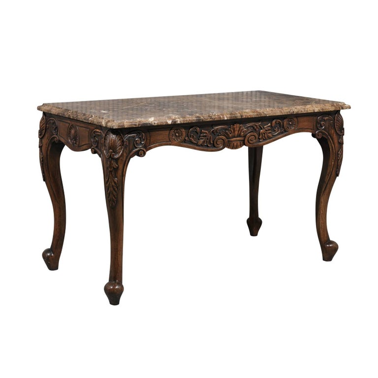 Italian 1850s Rococo Revival Console Table with Marble Top and Carved