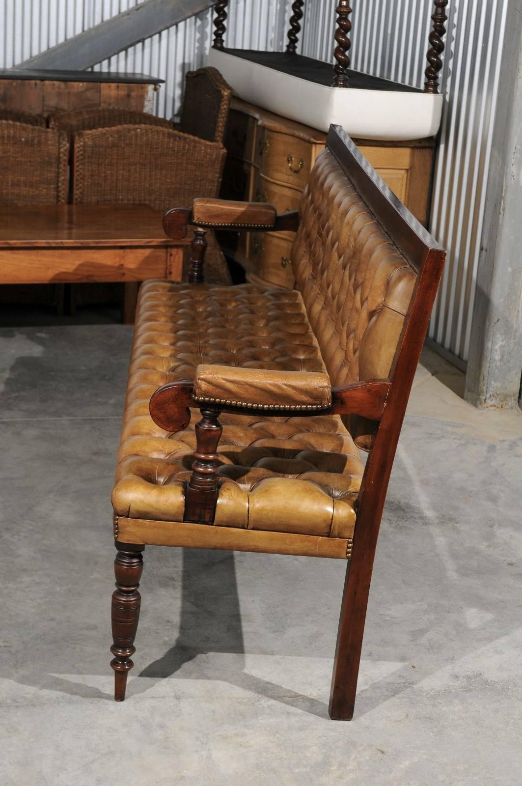 Upholstery English Tufted Leather Upholstered Wooden Bench from the Late 19th Century