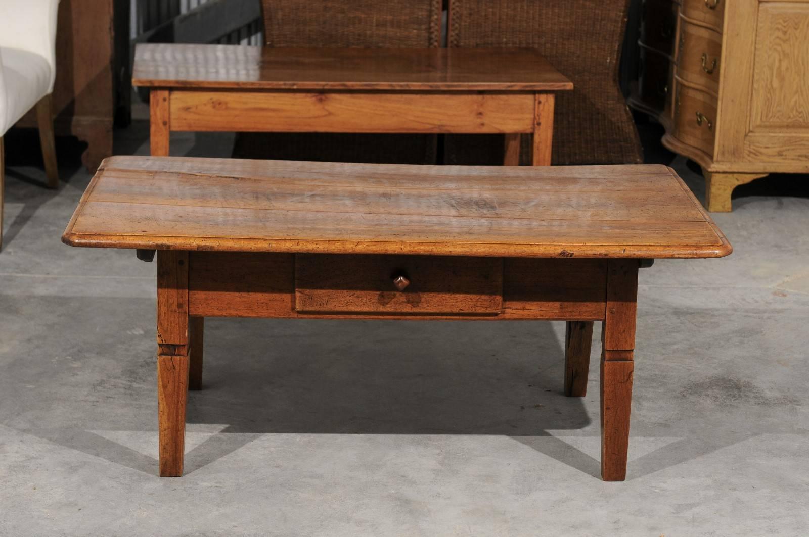 Cherry French Walnut Coffee Table with Single Drawer and Tapered Legs from the 1870s