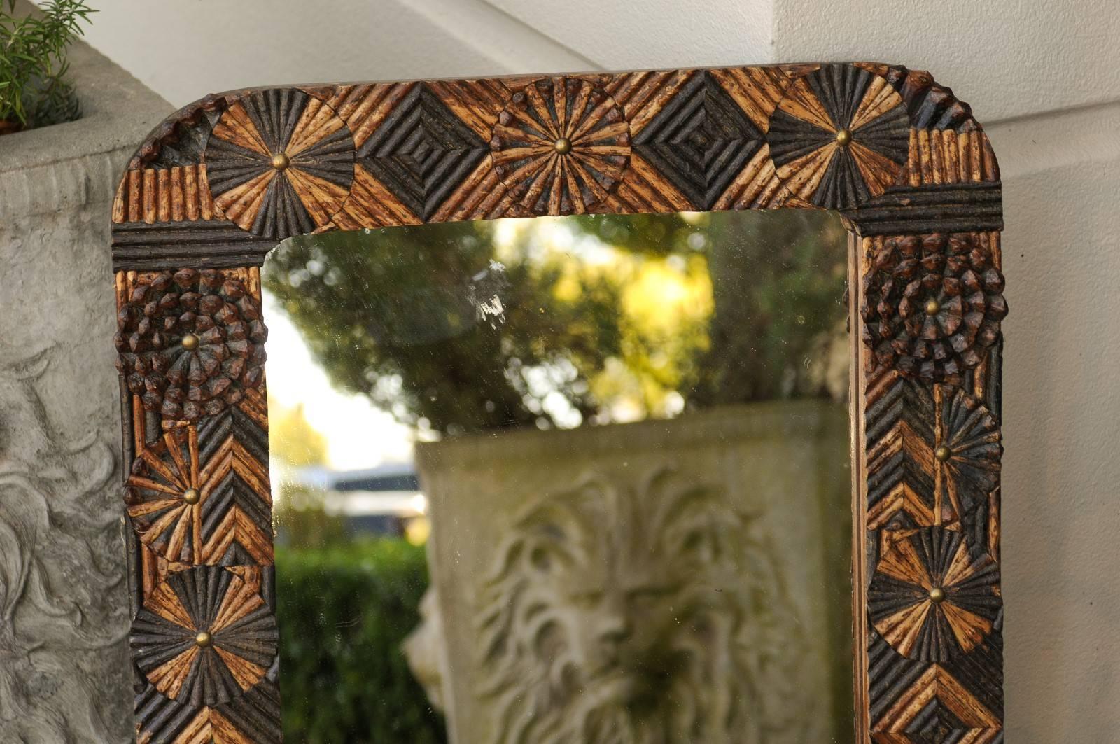 French Folk Art Mirror with Sunray Medallions, Diamond Motifs and Pine Cones 3