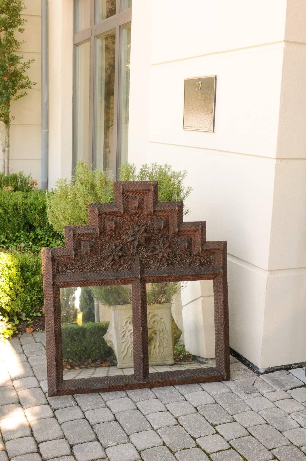 Folk Art French Tramp Art Mirror with Stepped Pyramidal Crest and Star Motifs, circa 1900