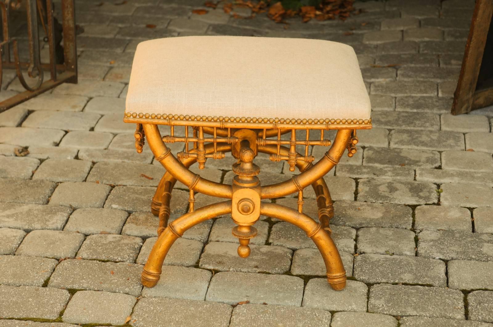 20th Century Brighton Pavilion Style Chinoiserie Stool with Gilt Faux-Bamboo X-Frame Base