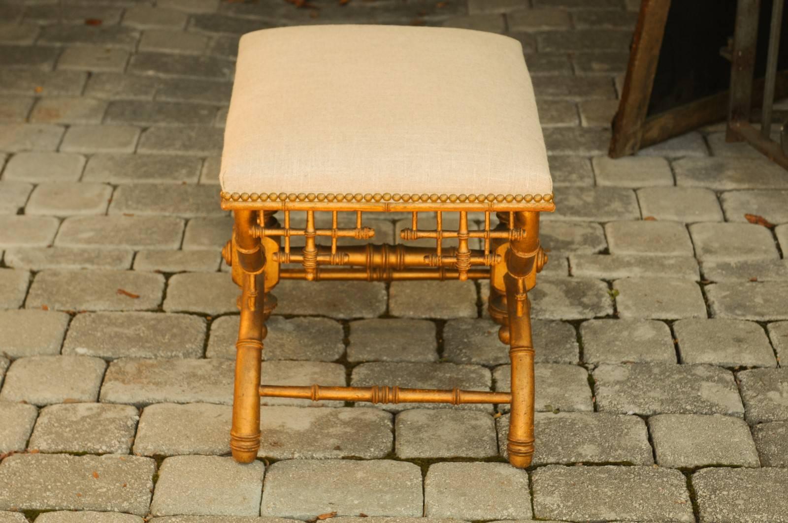 Linen Brighton Pavilion Style Chinoiserie Stool with Gilt Faux-Bamboo X-Frame Base