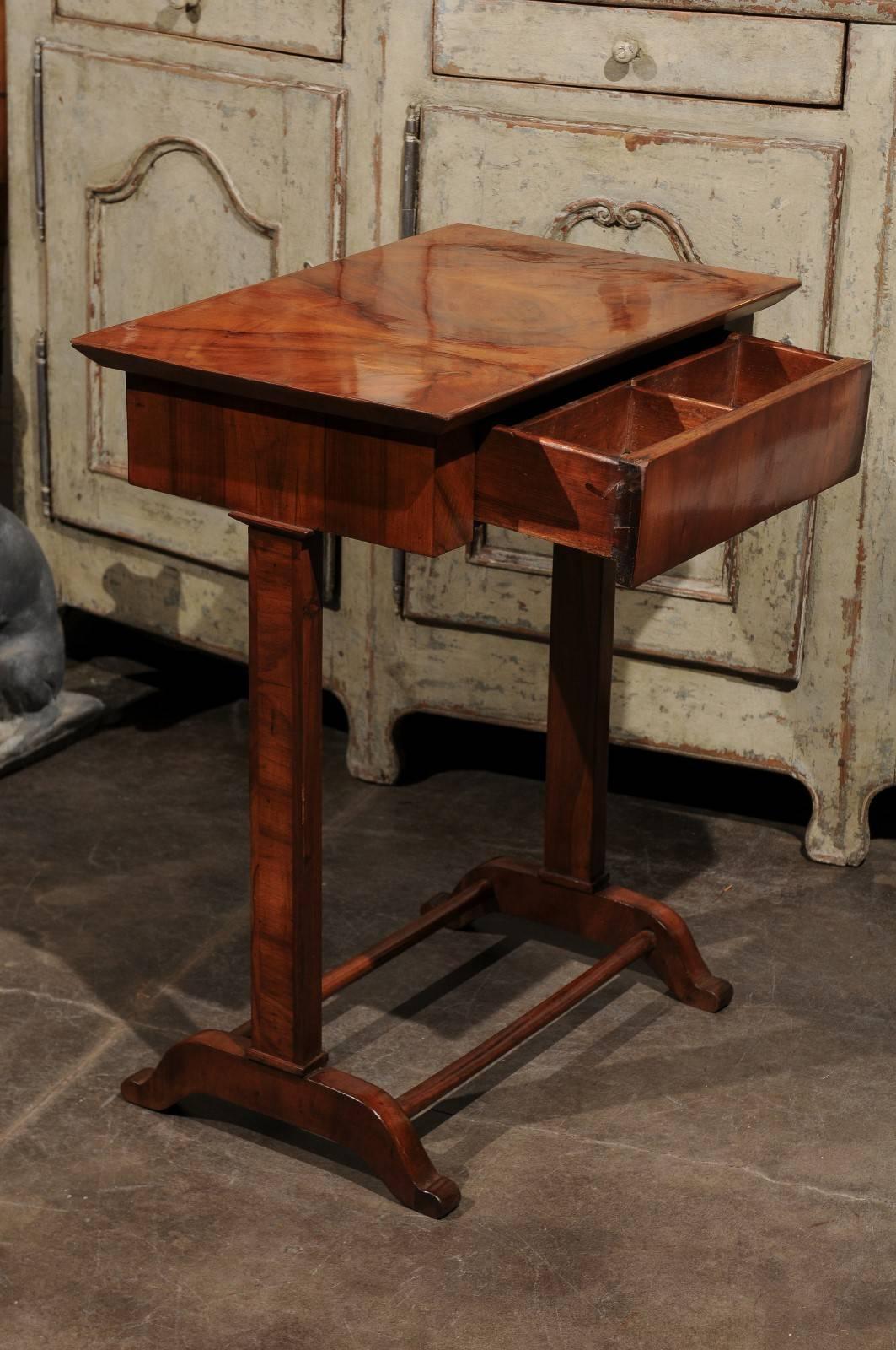 Wood Austrian 1840s Petite Biedermeier Side Table with Frieze Drawer and Trestle Base