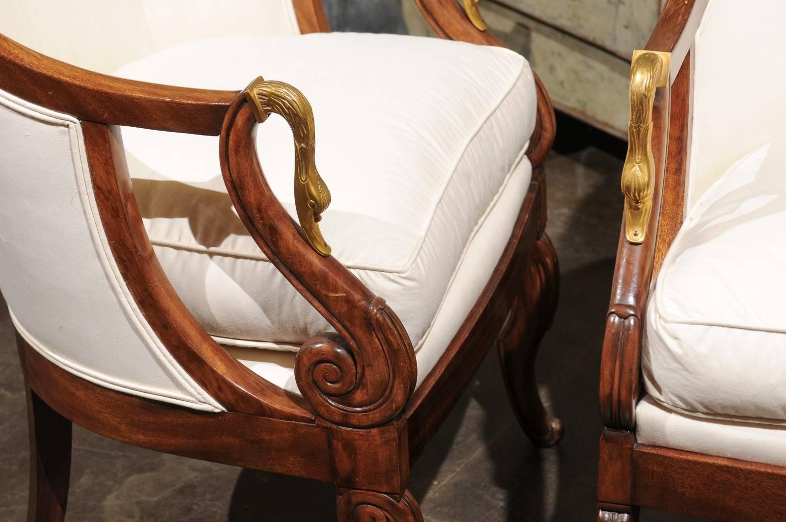 19th Century Pair of French Empire Style Tub Chairs with Brass Swan Motifs from the 1870s