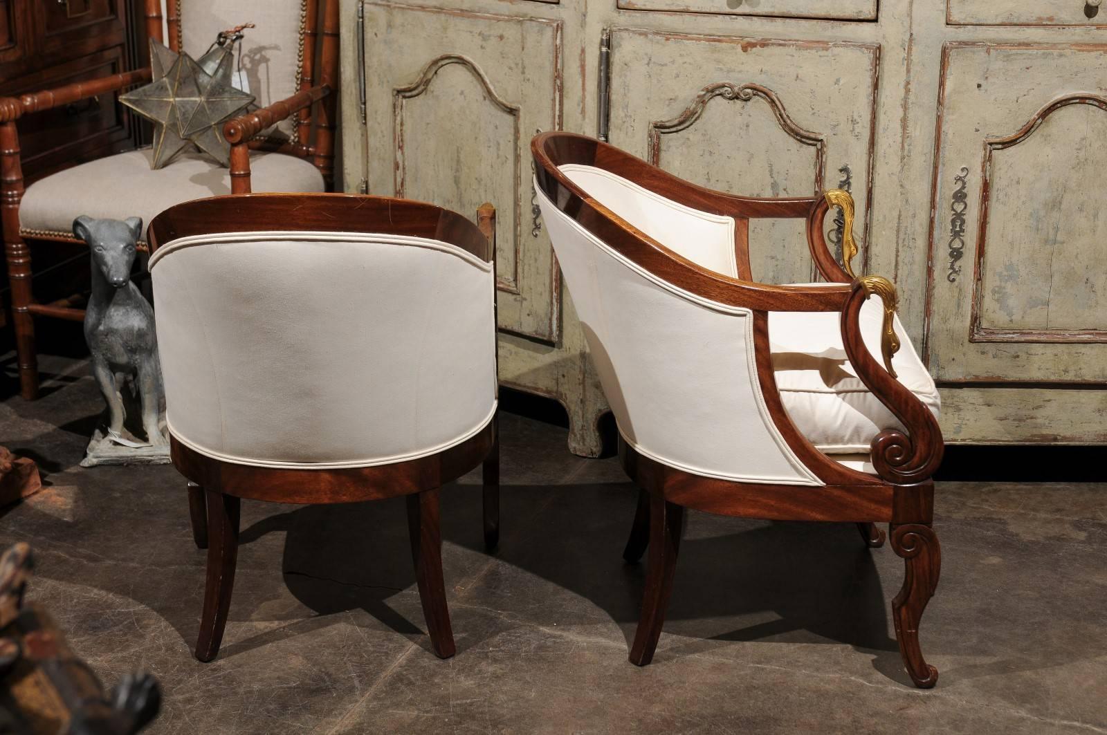 Pair of French Empire Style Tub Chairs with Brass Swan Motifs from the 1870s 1