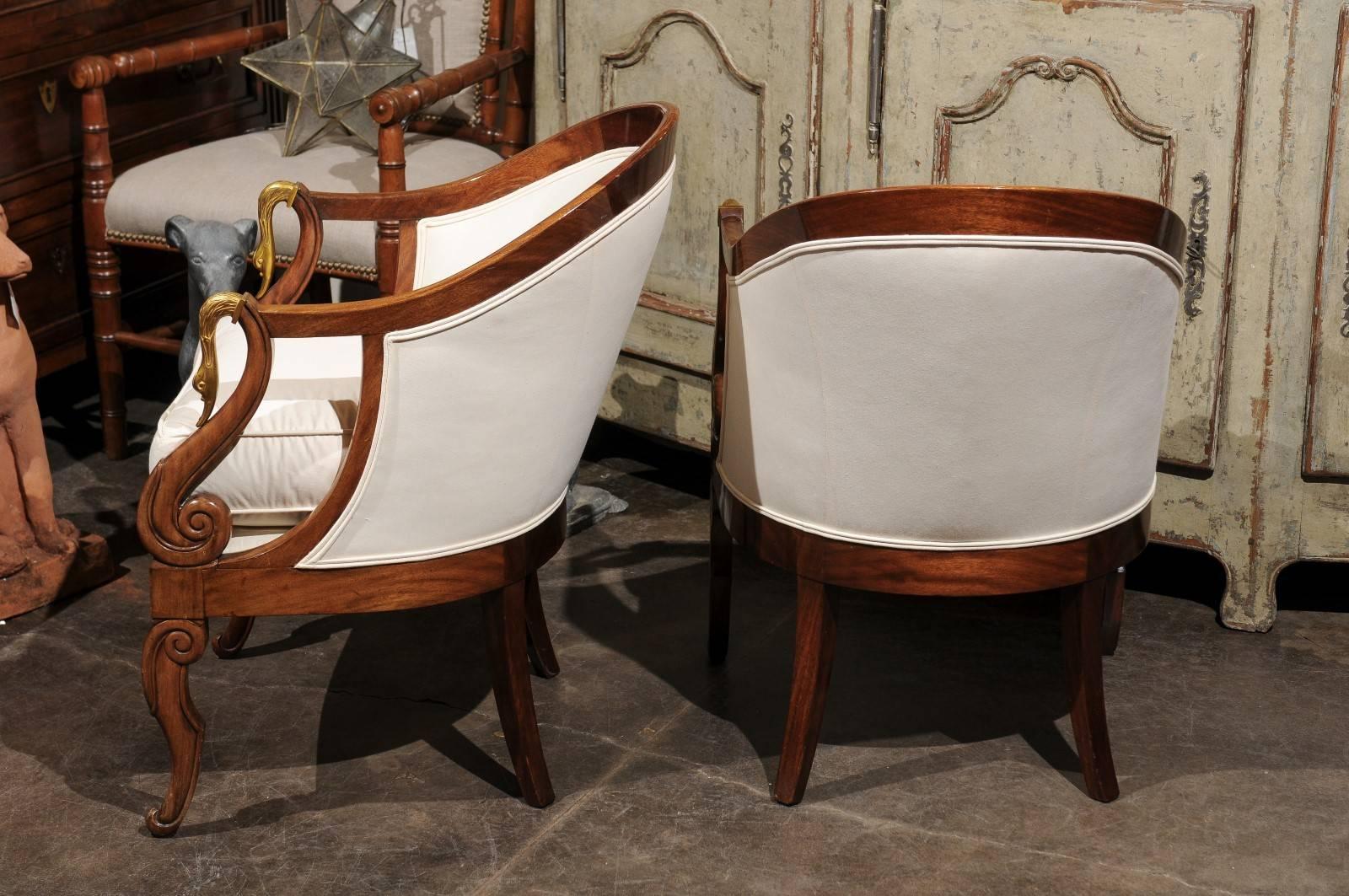 Pair of French Empire Style Tub Chairs with Brass Swan Motifs from the 1870s 2