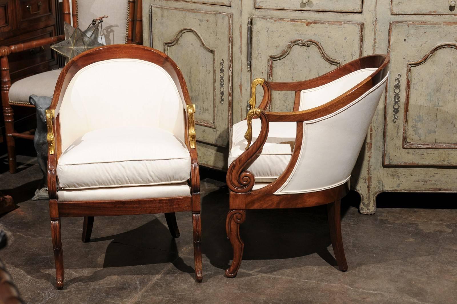 Pair of French Empire Style Tub Chairs with Brass Swan Motifs from the 1870s 3