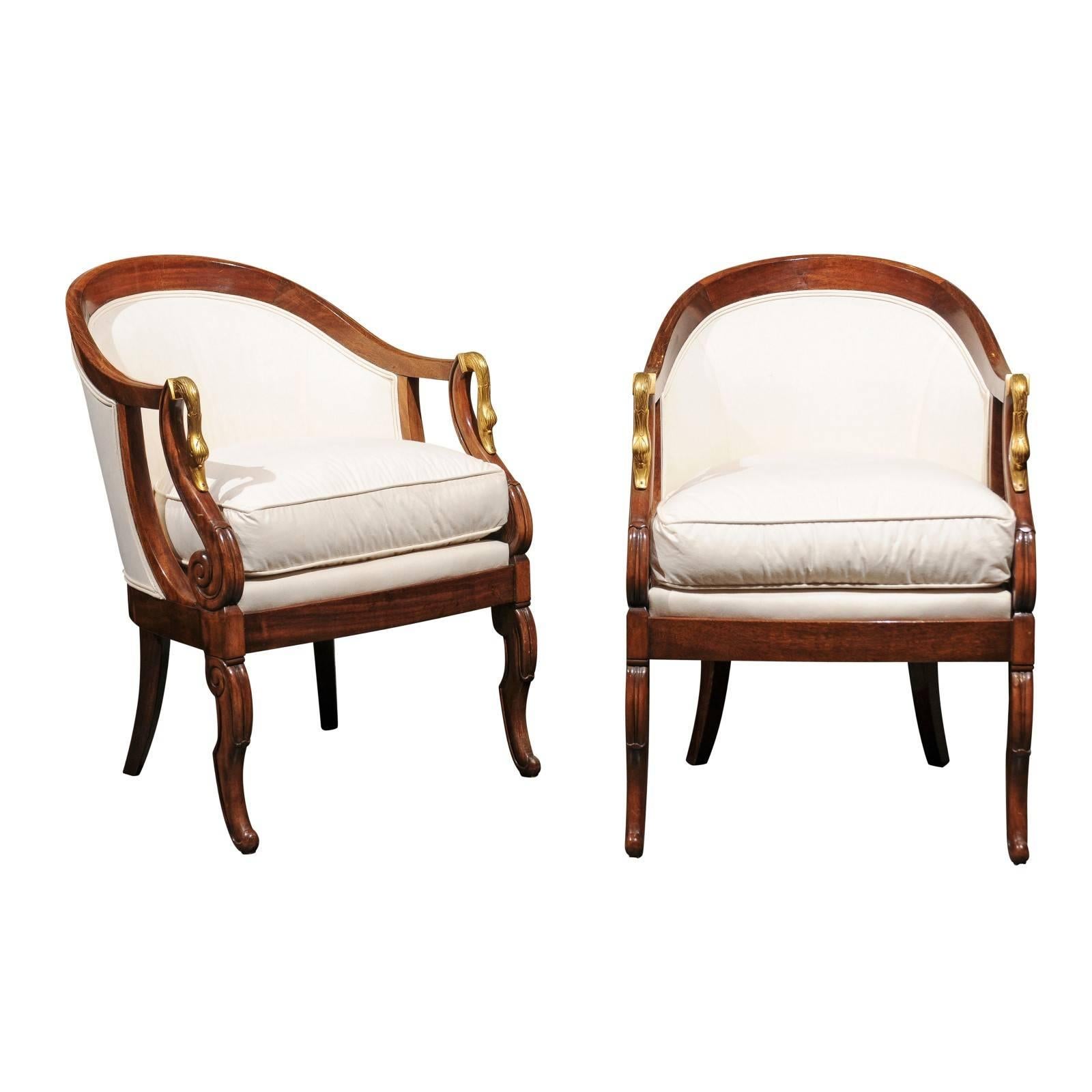 Pair of French Empire Style Tub Chairs with Brass Swan Motifs from the 1870s