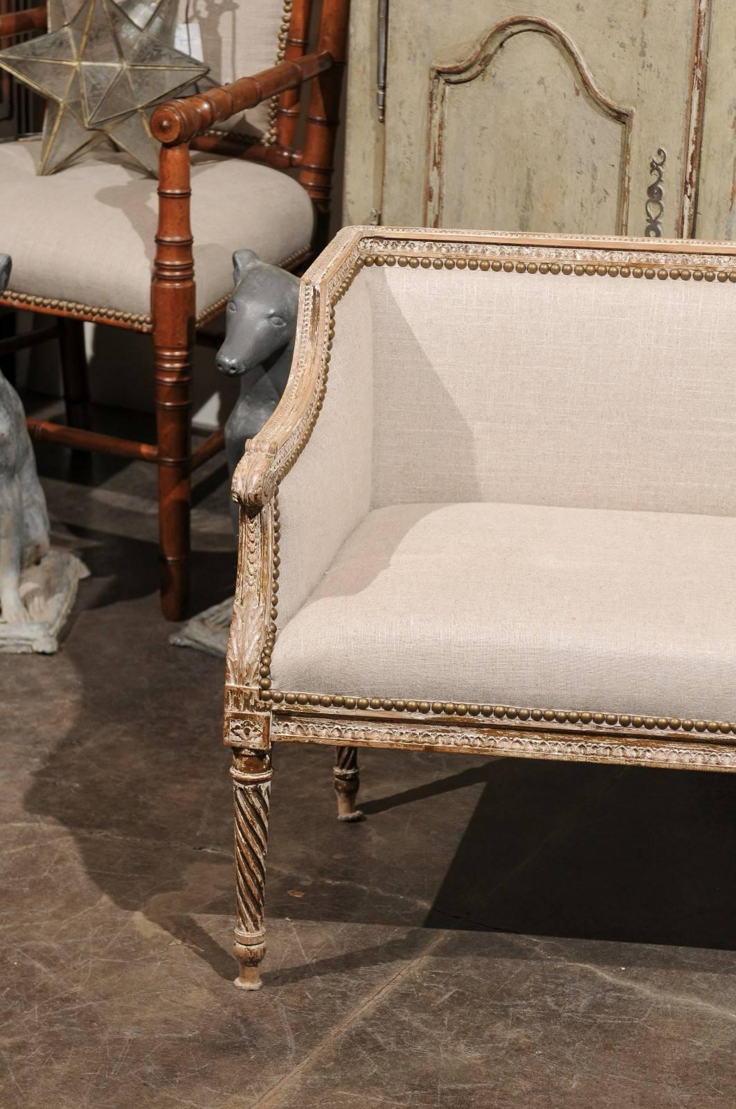 Painted Petite 1820-1840 French Louis XVI Style Upholstered Bench with Distressed Finish
